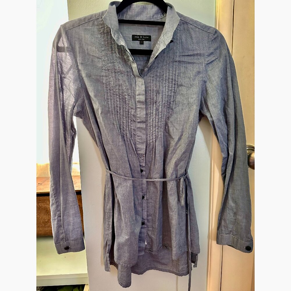 RAG AND BONE size 2 cotton button up blouse self-belt pleats stand up collar